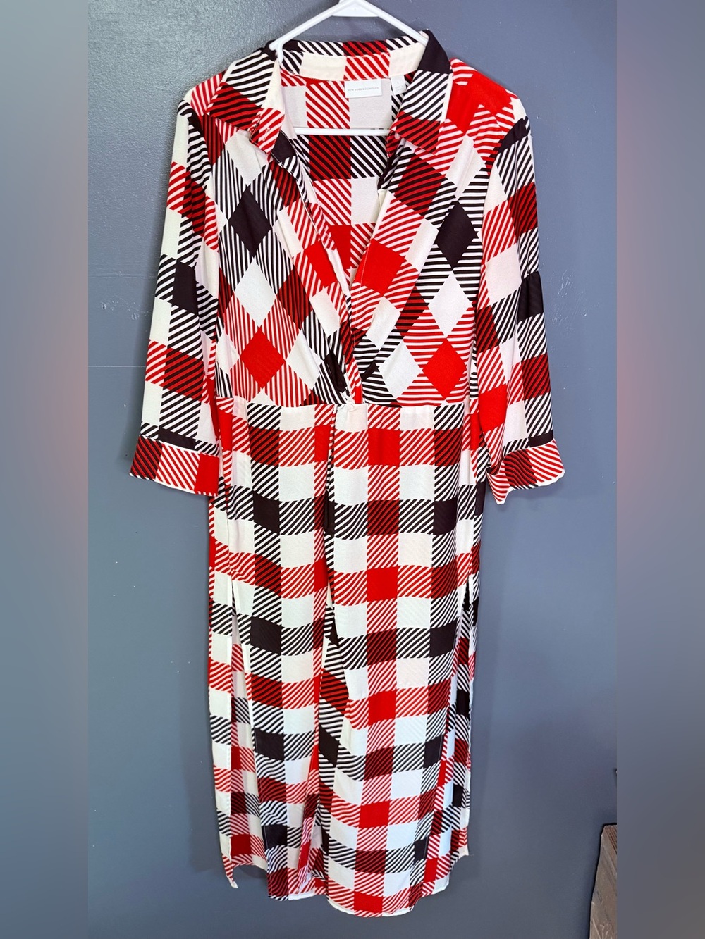 New York & Company Red Black and White Striped Blouse